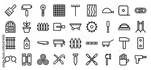 Construction and home improvement hardware icons. Professional monoline pictograms for DIY maintenance, gardening tools, and renovation equipment.