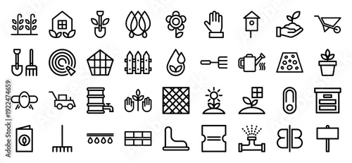 Sustainable gardening and modern agriculture line icons. Minimalist monoline pictograms for landscaping services, urban farming, and horticultural maintenance branding.