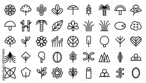 Minimalist landscape architecture symbols and botanical line art icons for site planning, garden design, and urban mapping projects in a modern monoline style.