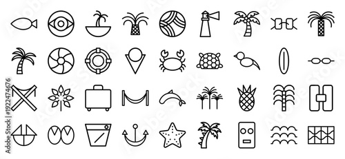 Summer vacation and tropical beach lifestyle monoline pictograms. Minimalist geometric line art featuring ocean wildlife, travel essentials, and island flora.