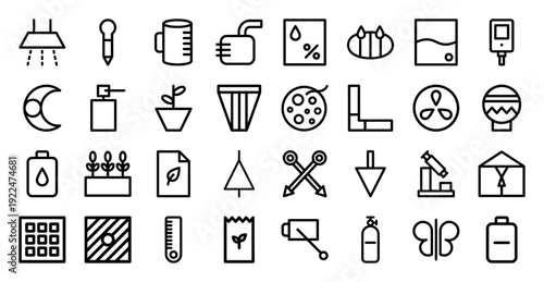 Hydroponic farming and indoor gardening technical monoline icons. Professional line art for sustainable agriculture, plant care, and botany technology.
