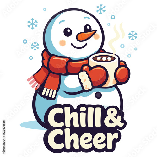 Cute smiling cartoon snowman holding a hot drink with cheerful winter vibes and snowflakes around perfect for holiday celebrations and cozy seasonal themes