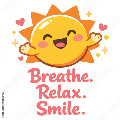 Cute smiling cartoon sun character with closed eyes and cheerful expression surrounded by hearts and stars isolated illustration