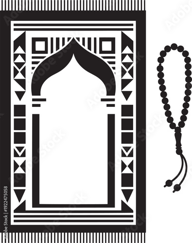 Islamic prayer mat and prayer beads, symbol of muslim worship, devotion and spiritual practice, religious ritual object