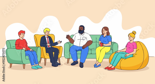 Diverse group therapy session with five people sitting on sofas and beanbag chairs, discussing mental health in a flat vector style