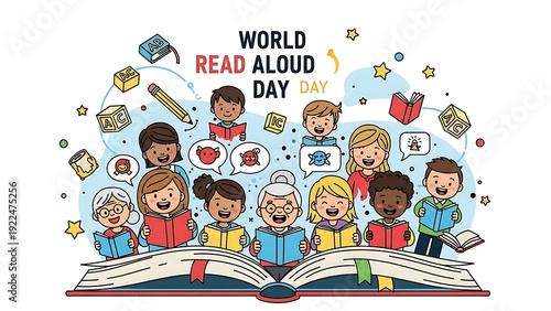 Diverse group reading books illustration for world read aloud day celebration