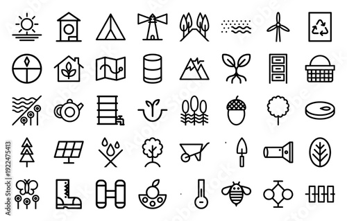 Sustainable living and environmental conservation monoline icons featuring renewable energy, organic gardening, and outdoor adventure elements.