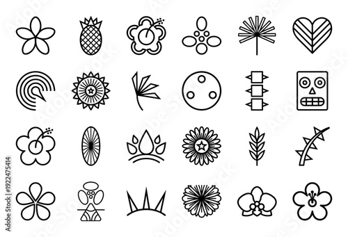 Tropical botanical line icons for summer branding and Polynesian aesthetic. Minimalist monoline hibiscus flowers, pineapple, palm leaves, and tribal tiki elements.