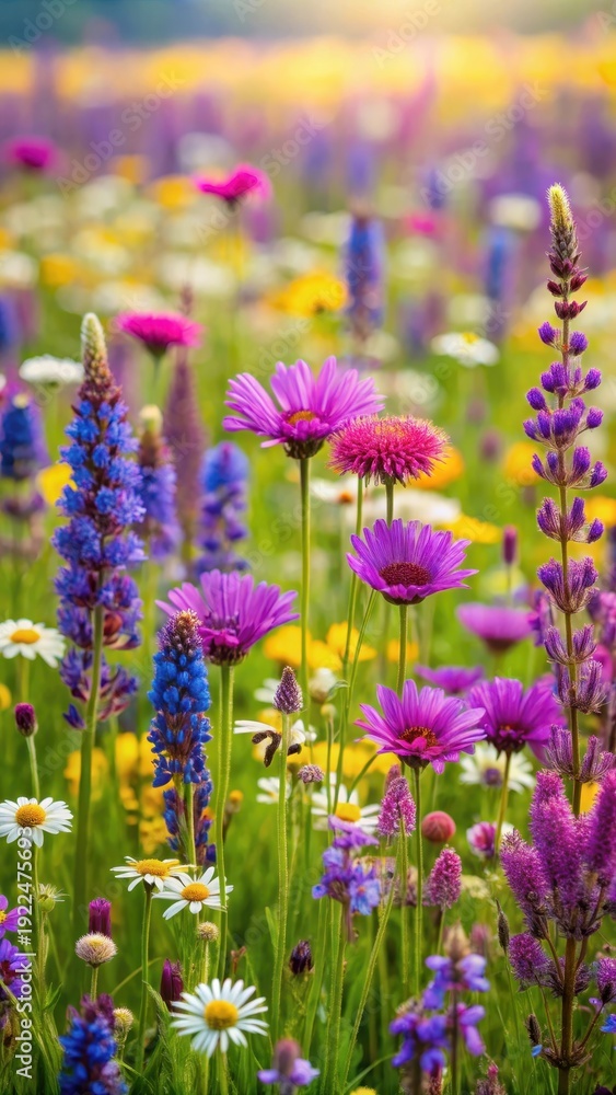 Obraz premium Colorful mix of purple wildflowers blooming together in a lush meadow