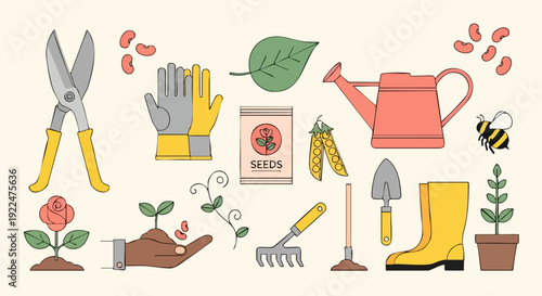 Gardening and planting line icon collection. Includes garden tools, seeds, plants, flowers, and bees. Created in colored outline style with a pastel palette.