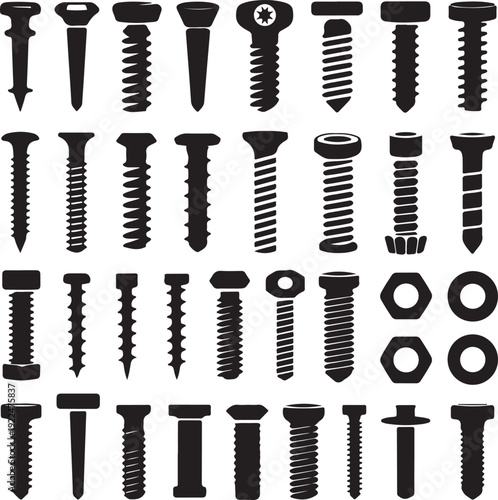 Silhouettes of wall plugs, bolts, nuts and screws