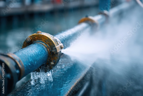 Rusty pipe joint leaks water fiercely, spraying and dripping. Illustrates plumbing failure, industrial leaks, and water waste issues.