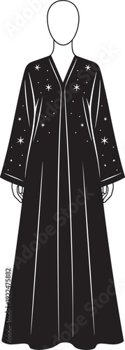 Elegant female abaya dress silhouette with star patterns vector illustration for luxury modest fashion and islamic style