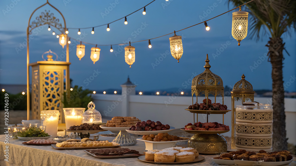 Obraz premium Ramadan iftar table setup outdoors with lanterns dates and traditional food at dusk