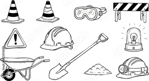 Construction and safety line icon collection. Includes traffic cones, safety goggles, warning sign, hard hat, shovel, wheelbarrow, and siren. Created in black and white hand-drawn style with