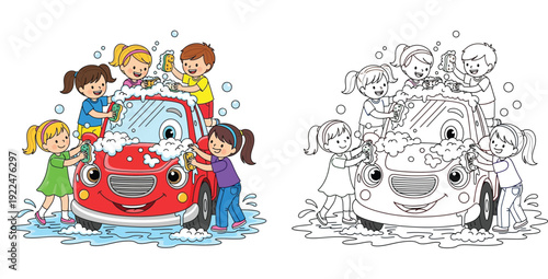 Cartoon children washing a smiling red car with soap bubbles, colorful illustration and black and white outline coloring book page