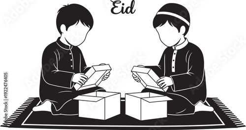 Two young boys opening gift boxes on eid day