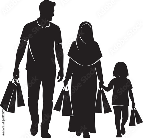 Silhouette of muslim family walking together with shopping bags after shopping