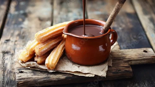 Sweet Fried Churros with Melted Chocolate Sauce Drizzling on a Rustic Wooden Background.