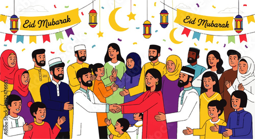 Diverse Group of People Celebrating Eid Mubarak with Festive Decorations and Traditional Attire