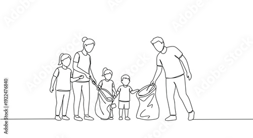Line drawing of family cleaning up litter in a park with children on a sunny day on a transparent background