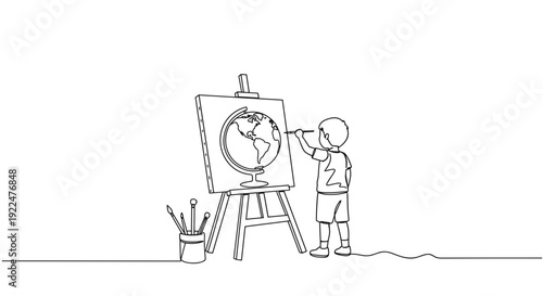 Line drawing of a child painting a globe on an easel with a paint bucket nearby on a transparent background