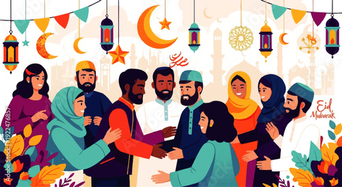 Diverse group of people celebrating Eid al-Fitr with festive decorations and lanterns, conveying a sense of community and joy