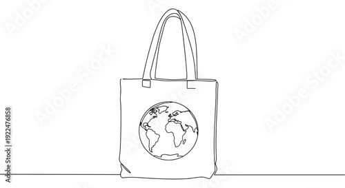 Line drawing of a tote bag with a globe design isolated on a transparent background