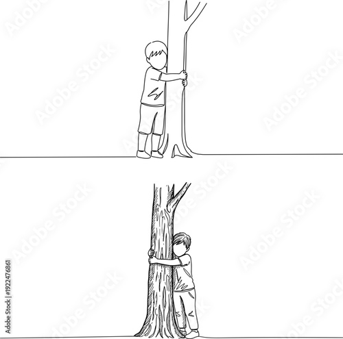 Line drawing of a child hugging a tree in a simplistic style on a transparent background