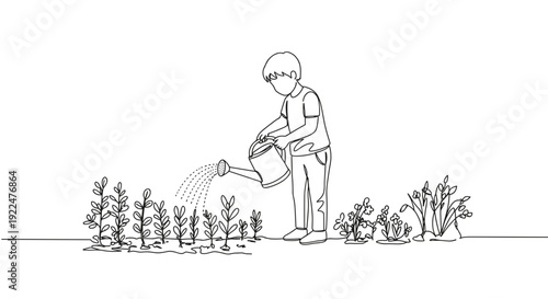 Line drawing of a young boy watering plants in a garden on a transparent background with emphasis on nurturing and growth through simple, clean lines.
