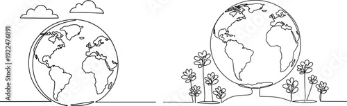 Line drawing of a globe surrounded by trees and clouds on a transparent background representing nature and environmental themes for sustainability