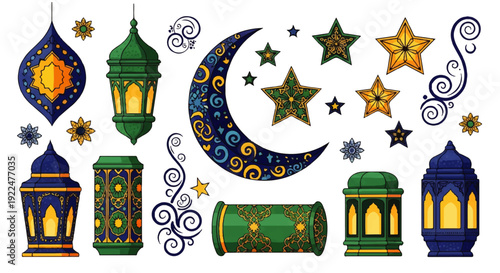 Vibrant Illustration of Ramadan and Eid Al-Fitr Decorations Featuring Stylized Lanterns, Crescent Moon, and Star Motifs in Traditional Patterns