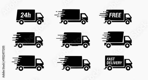 24h express delivery van silhouette icons isolated on white background.