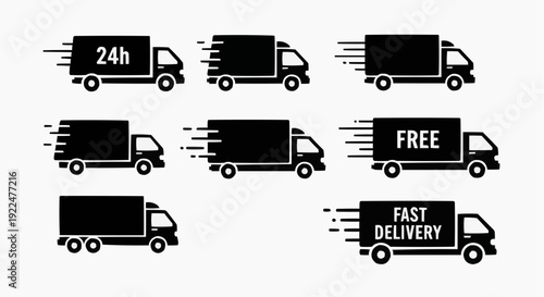24h express delivery van silhouette icons isolated on white background.