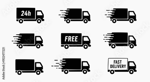 24h express delivery van silhouette icons isolated on white background.