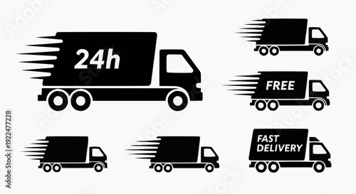 24h express delivery van silhouette icons isolated on white background.