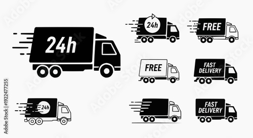 24h express delivery van silhouette icons isolated on white background.