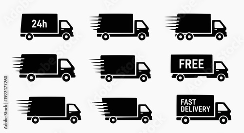 24h express delivery van silhouette icons isolated on white background.