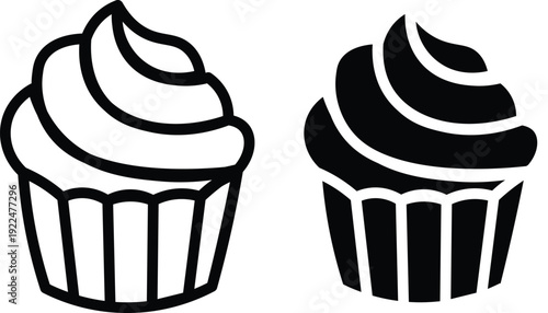 Two cupcake icons, one outlined and one solid black, representing sweet baked goods.