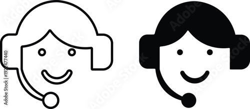 Outline and solid black icon of a smiling customer service representative wearing a headset with a microphone, representing support and communication.