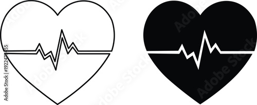 Two heart icons with heartbeat lines, one outlined and one solid, representing health and medical concepts.