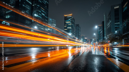 A city street at night with streaks of light from moving cars and tall buildings in the background