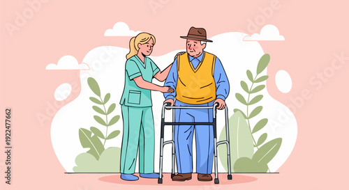 Nurse assisting elderly man with walker flat vector illustration. Caregiver helping senior patient with mobility aid in a healthcare setting.