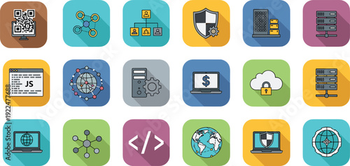 Large set of flat technology icons including cloud storage, server racks, cybersecurity shields, coding symbols, global networking, and data processing for business software development