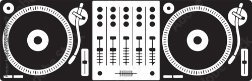 Simple flat outlined dj turntables illustration, grayscale on white background