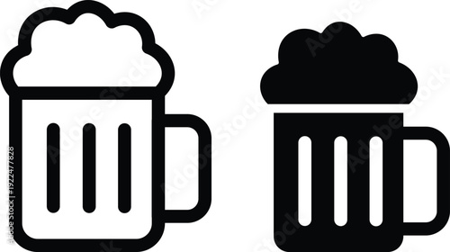 Two stylized icons of beer mugs, one in outline and one filled, both with frothy heads, representing beverages and celebration.