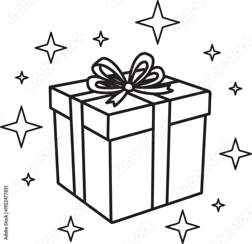 Outline gift box with closed lid, ribbon and bow surrounded by sparkling stars for festive celebration design