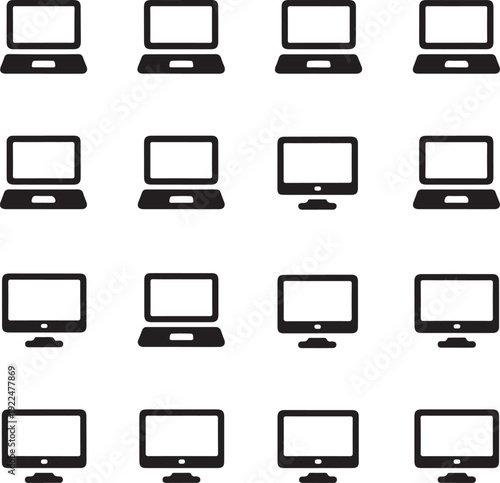 Simple laptop and desktop line and silhouette icon set