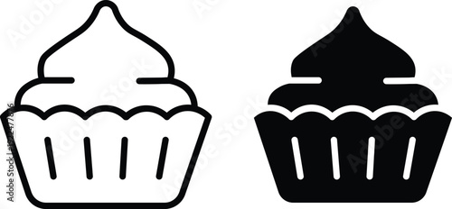 Outline and solid black glyph icons of a cupcake with frosting, representing dessert or bakery items.