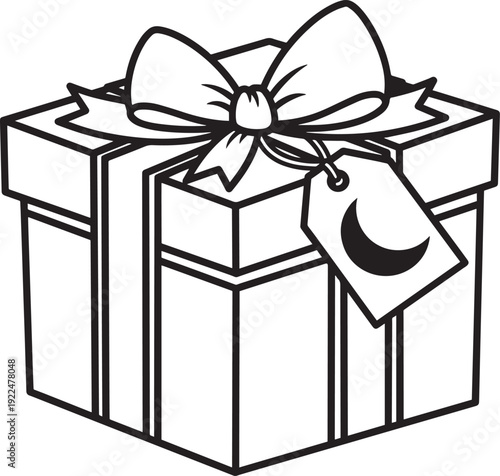 Outline gift box with closed lid, large bow and hang tag featuring crescent moon symbol ideal for islamic holidays